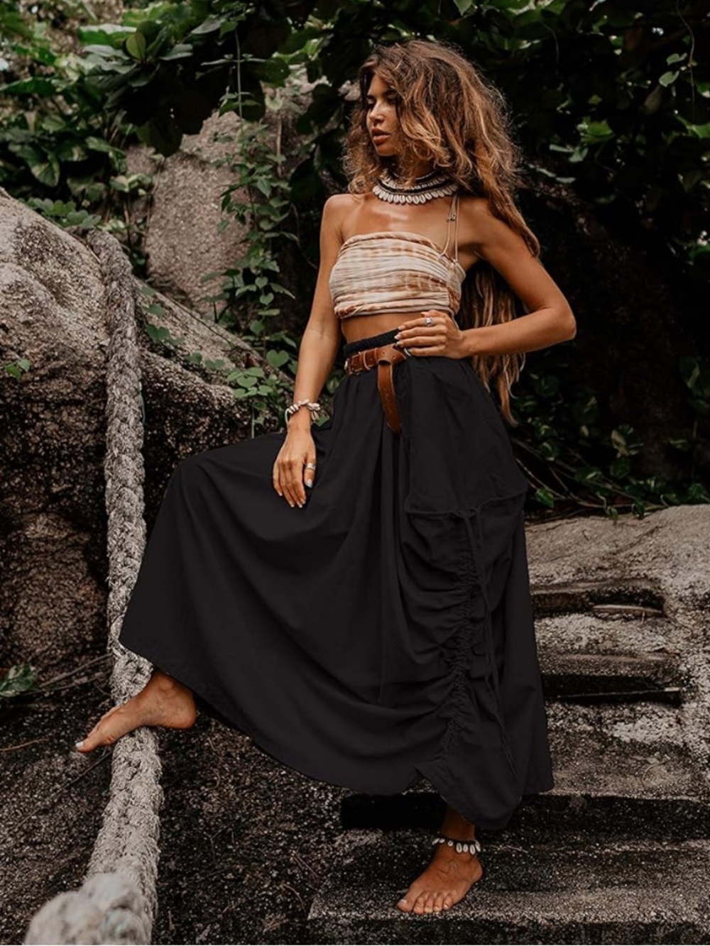 Thaluta Balloon Parachute Drawstring Cinch Sides Black Maxi Skirt Womens